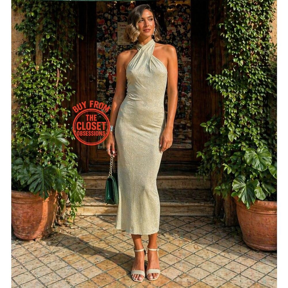 Zara Gold Metallic Halter Midi Dress Bodycon Evening Dress NWT M - Picture 4 of 16